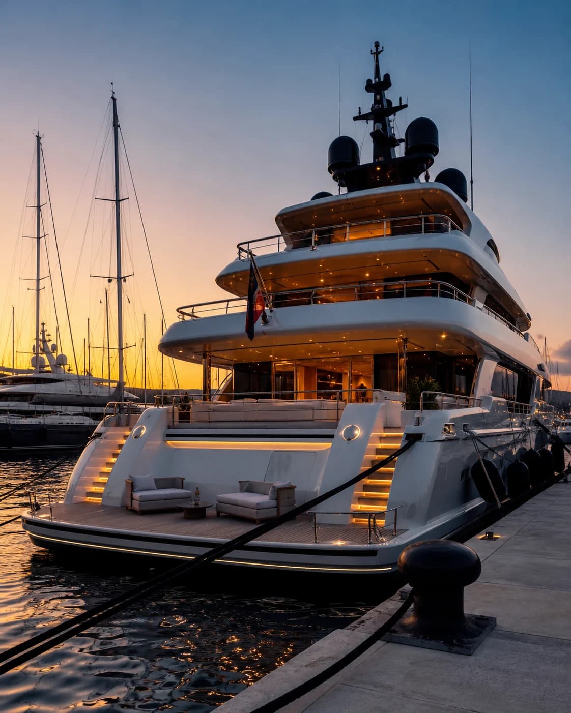 Superyachts berthed at dusk in a Mediterranean marina