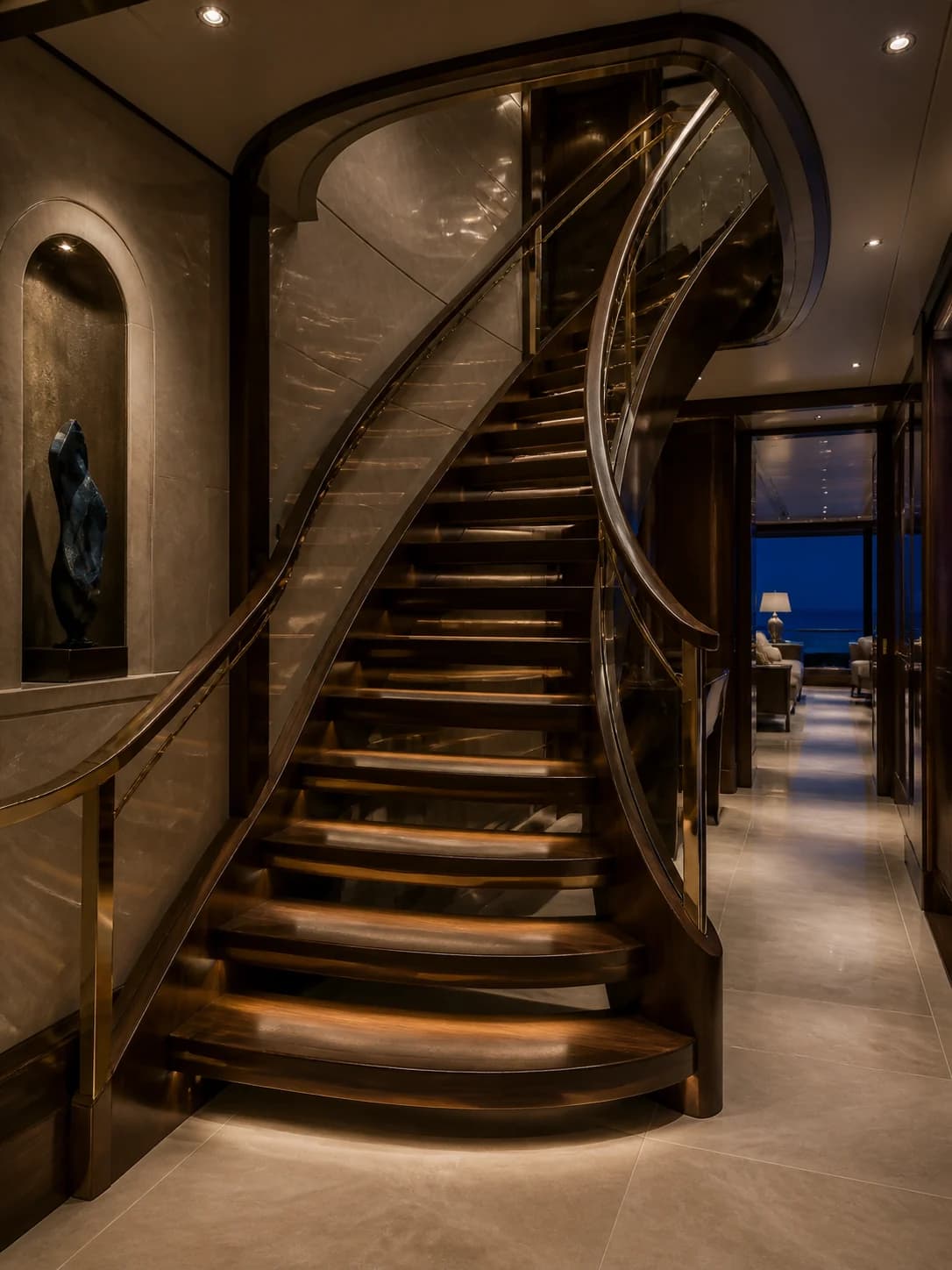 Interior staircase aboard a superyacht