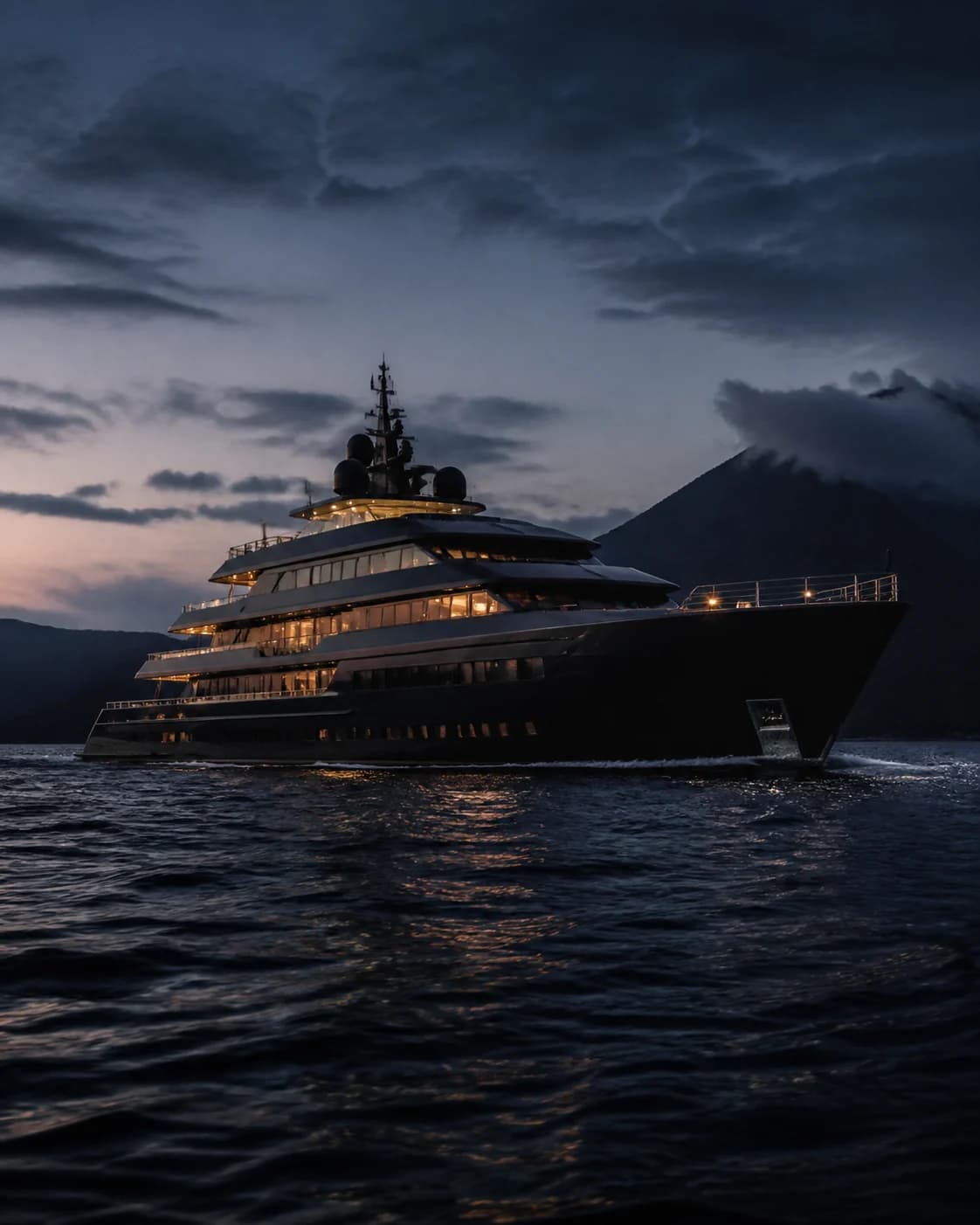 Aerial view of a superyacht on dark water